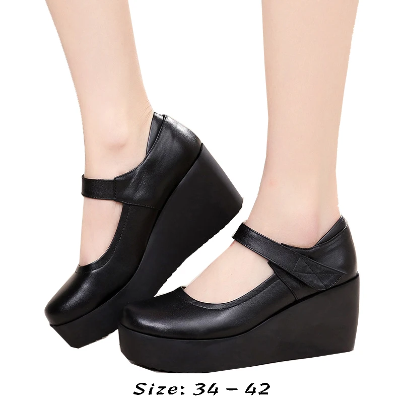 

high quality leather shoe for women 7cm wedge high heel platform round toe 34 42 elegant and fashion shoe black