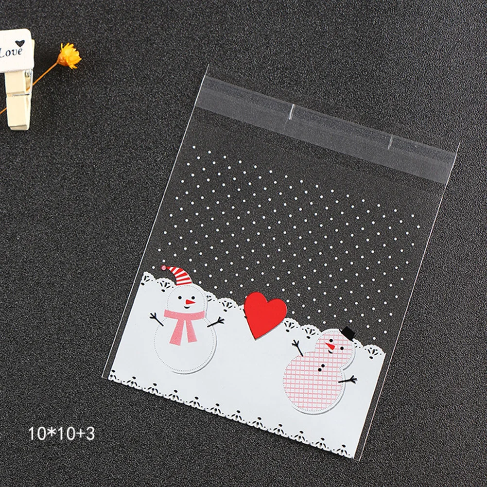 

100Pcs Christmas Plastic Baking Packaging Bags Self-Adhesive Candy Cookie Snack Gift Bags Snowman Pattern for Holiday Party