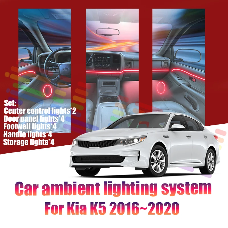 Luces LED Ambientales para Kia K5 2016~2020 JF MK4, Luces de Atmósfera Coloridas, Tira de Neón Interior para Auto, Iluminación RGB de 64 Colores, Accesorios para Auto