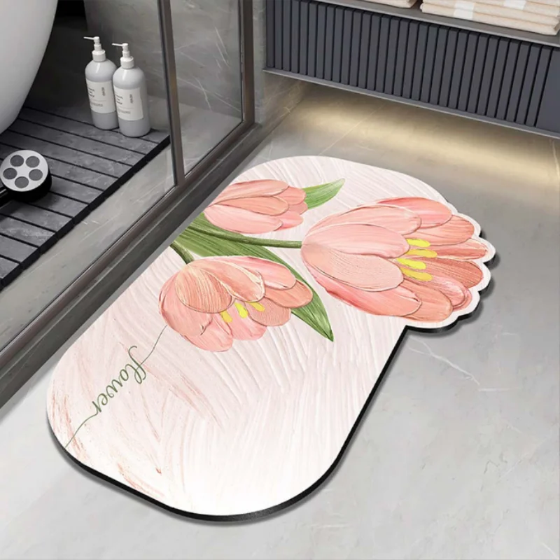 3D Floral Diatomaceous Earth Floor Mat 40x60CM Absorbent Non-Slip Washable Eco-Friendly Entrance Rug for Kitchen Bathroom