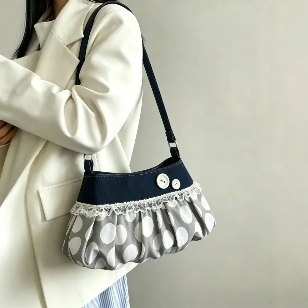 New Pleated Design Shoulder Bags Polka Dot Pattern Lace Trim Tote Bag Portable Large Capacity Underarm Bag For Girls