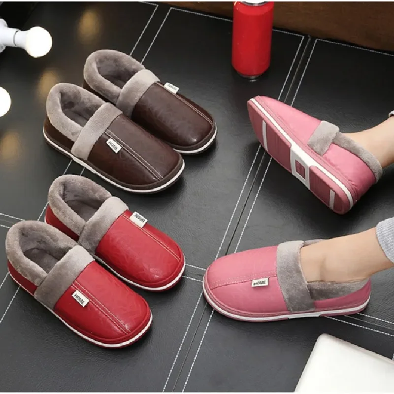 Big Size 50 51 Men Slippers Winter Warm PU Leather Waterproof Indoor Home Slipper Furry Shoes Couples Flats Bedroom Plush Slides