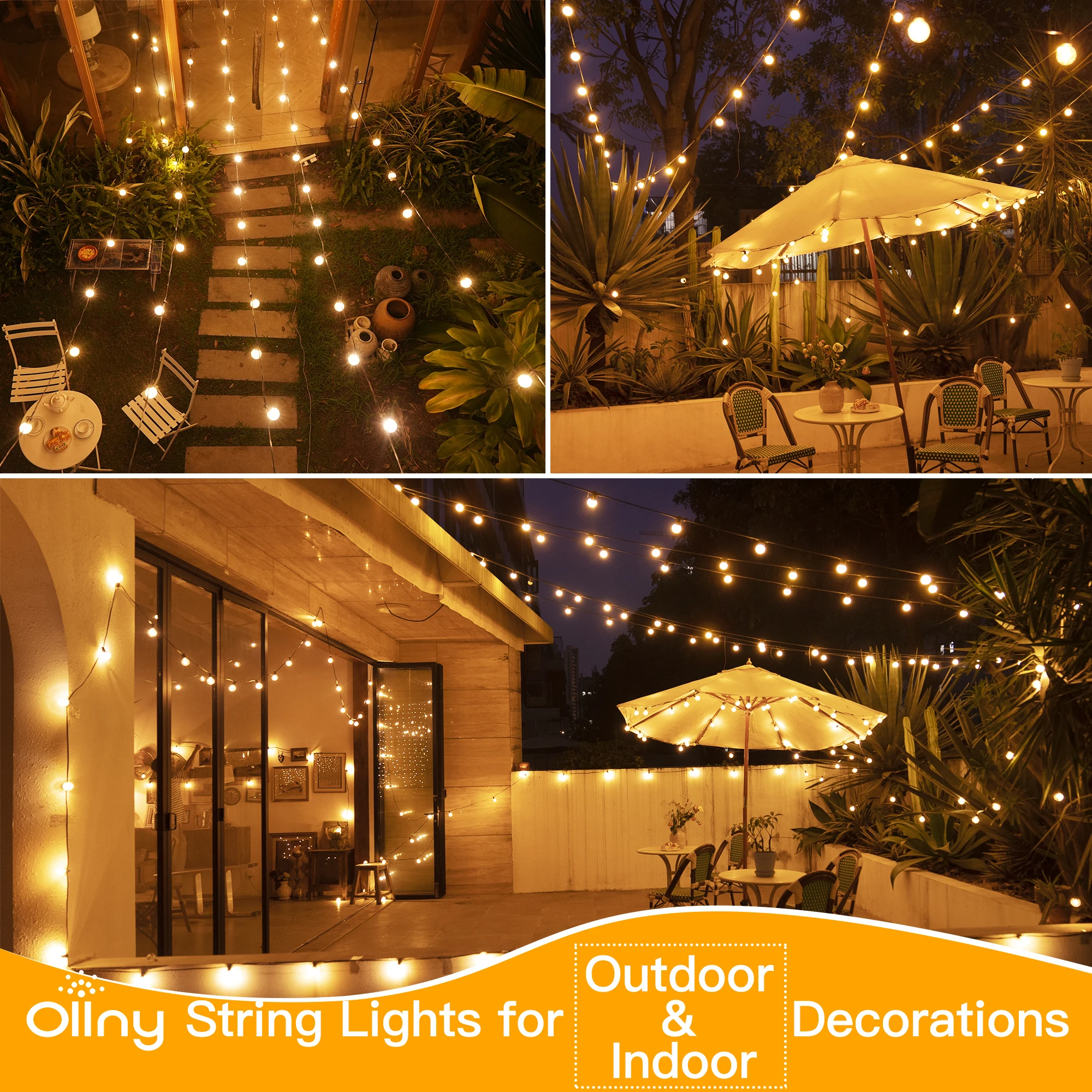 Ollny 50FT Outdoor String Lights, Waterproof Connectable Hanging LED Lights with 25 Edison+2 Spare Bulbs for Wedding Room Decor