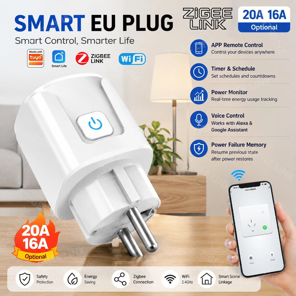 WiFi Zigbee EU Smart Socket Plug Energy Consumption Monitor Timing Function APP Remote Voice Whole House Smart Automation Outlet