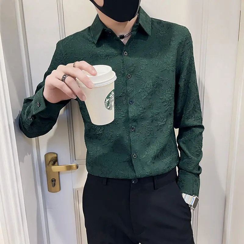 KPOP Fashion Style Harajuku Slim Fit Tops Loose All Match Casual Ropa Hombre Shirt Pointed Collar Button Jacquard Weave Blusa