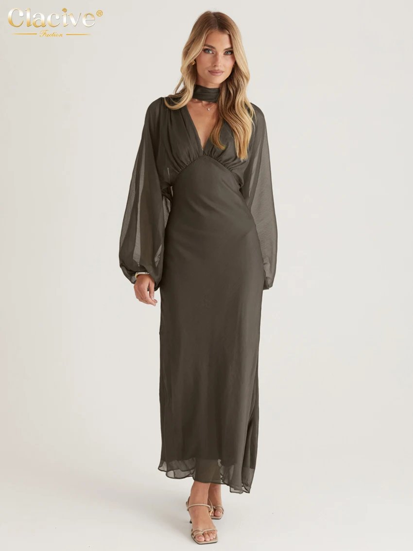 

Clacive Fashion Loose Green Women's Dress 2025 Sexy V-Neck Long Sleeve Ankle Length Dresses Elegant Classic Solid Female Dress