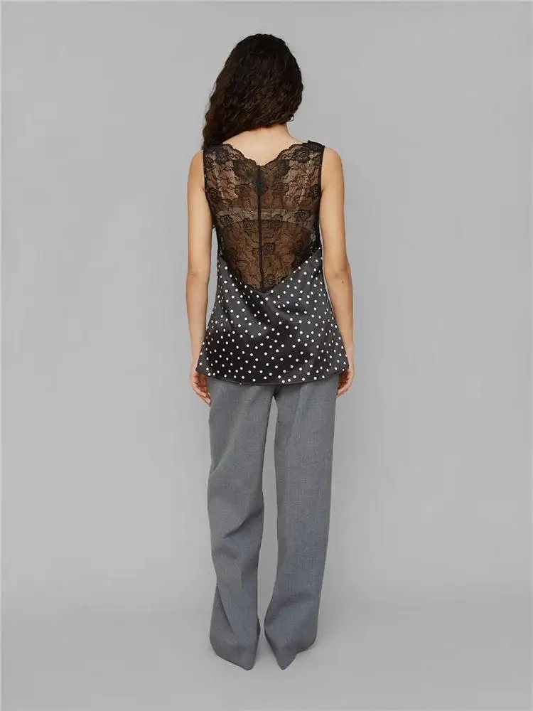 Sexy Lace Base Shirt Women's Summer See-through Polka Dot Silk Satin Strapless Top Spicy Girl Sleeveless Shirt Citywalk Polye...