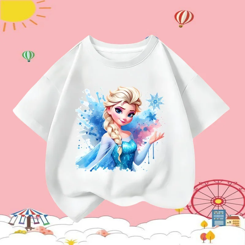 

2025 Disney Frozen Children's T-shirt with Cartoon Print - Cute Girl Casual Shirt - Short Sleeve - Disney Princess Collection