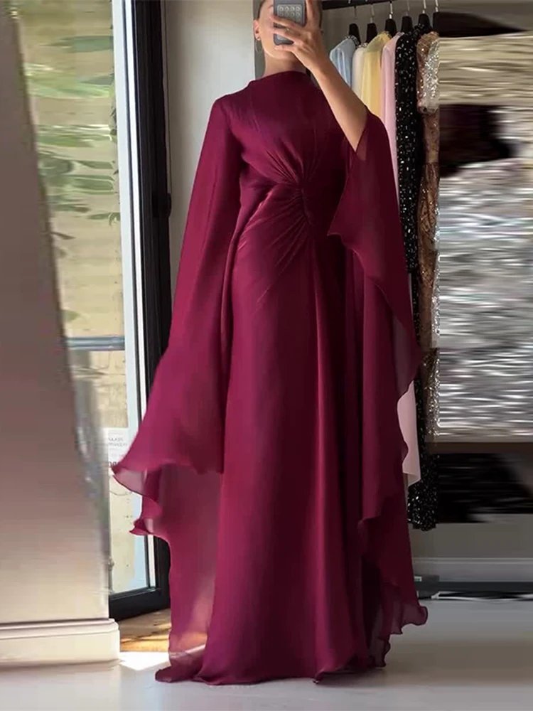 Mode Effen Kleur Lace Up Vakantie Jurk Nieuwe O-hals Losse Plooi Chiffon Gewaden Dame Effen Kleur Flare Lange Mouw Banket Jurk - afbeelding 2