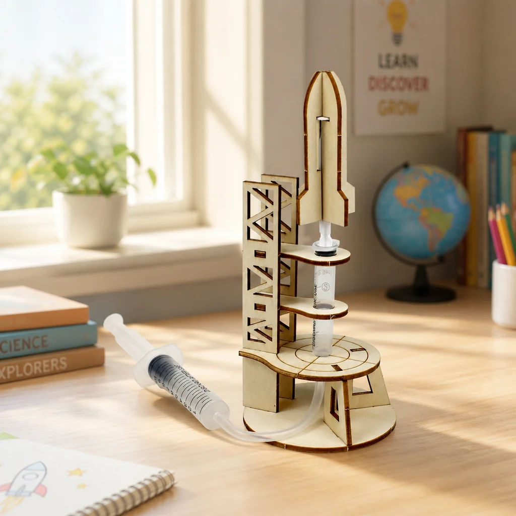 Wooden DIY Rocket Launcher Model STEM Aerospace Science Kits for Kids Physics Learning Educational Toy School Teaching Aids