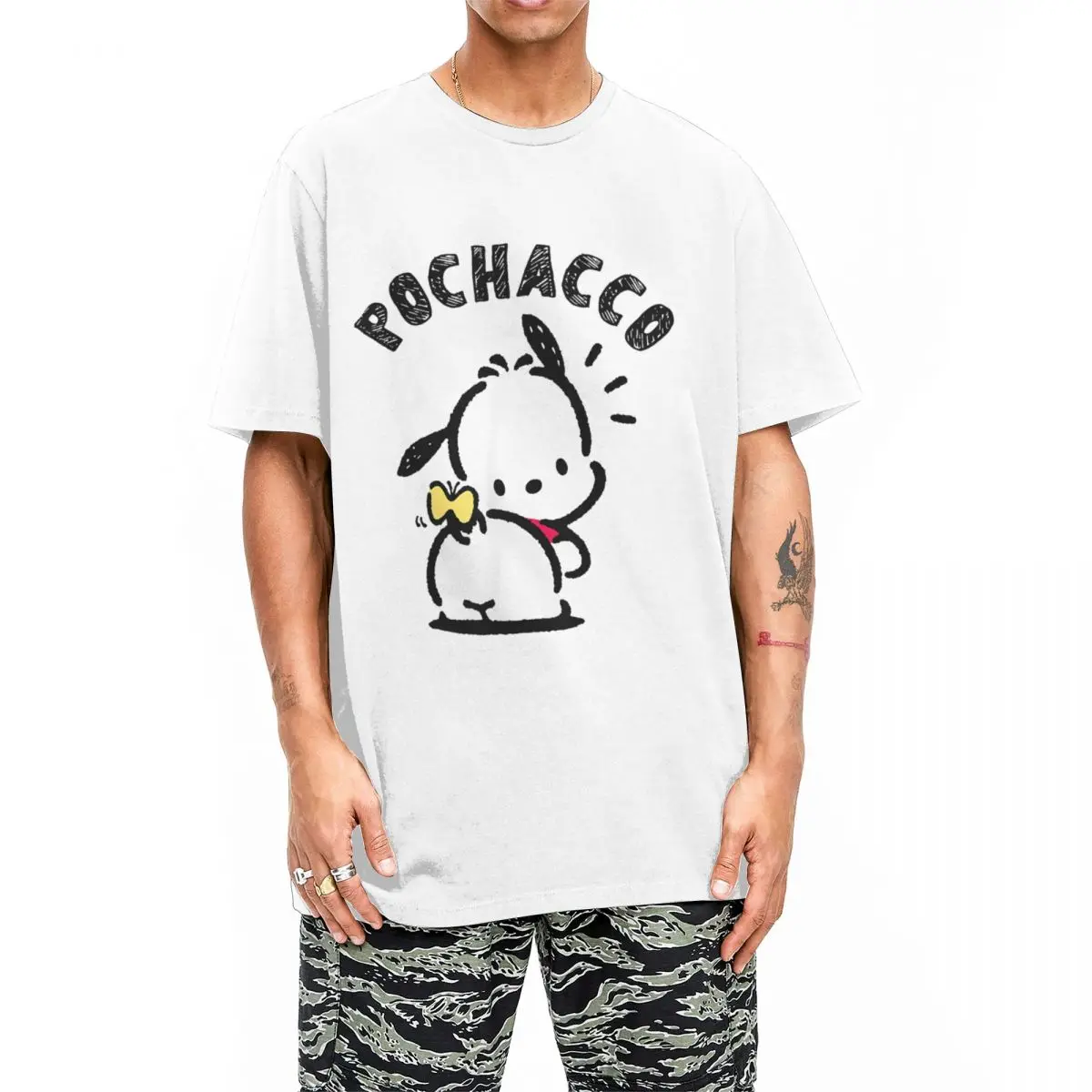 Men Women's T-Shirts Pochacco Backside Logo Funny 100% Cotton Tee Shirt Short Sleeve T Shirts Round Collar Tops Plus Size