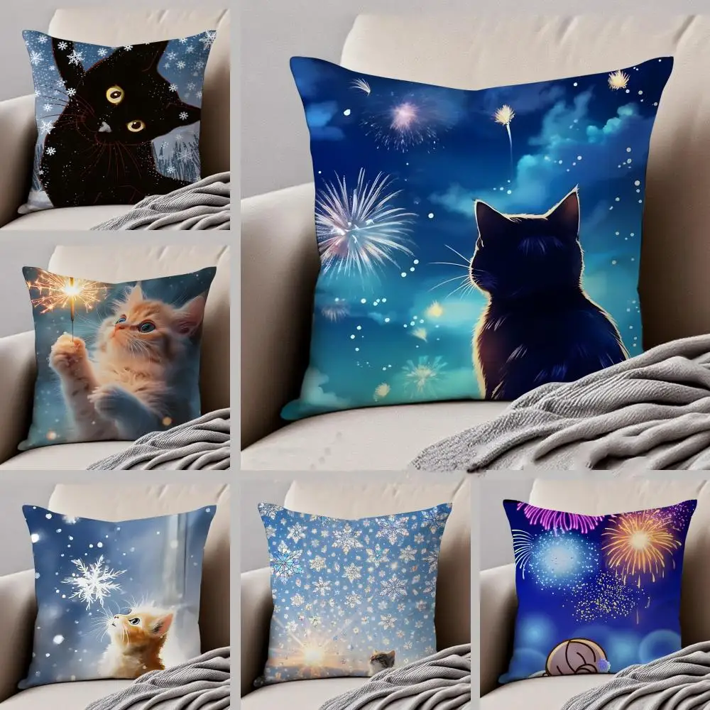 K-Kitty cat fireworks snowflakes Cushion Cover Throw Pillow Cover Hidden Button Durable Polyester Chair Cushion