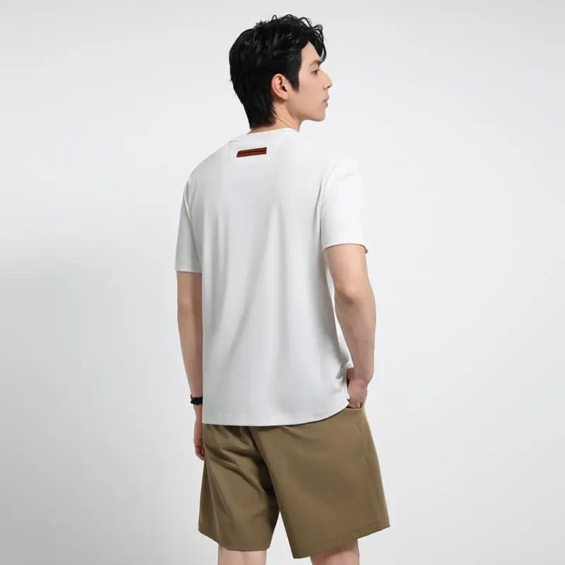 

Мужская футболка из премиального хлопкового смесового материала, удобная дышащая однотонная футболка с круглым вырезом, базовый топ для повседневной носки