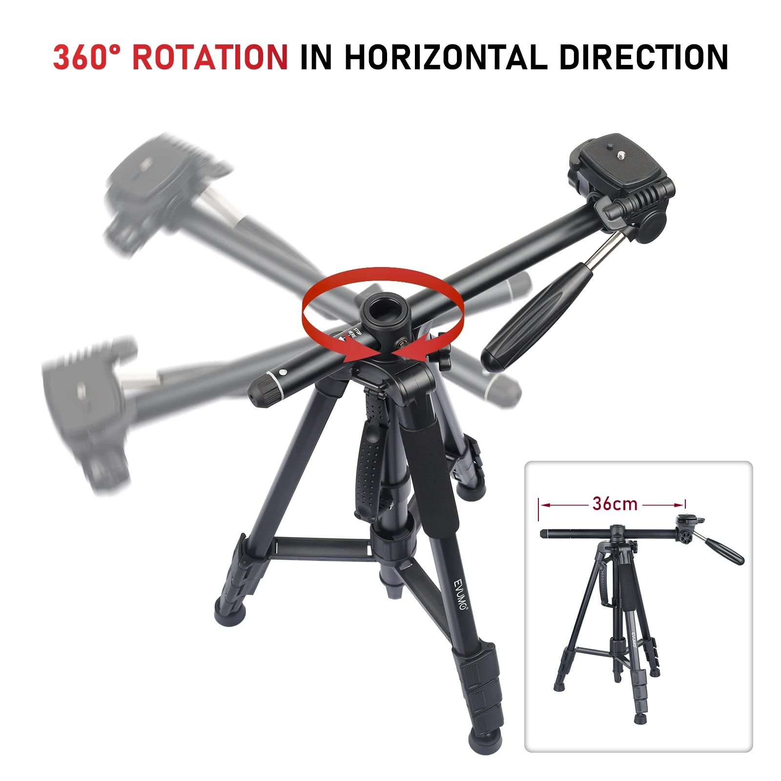 Evumo HF3 Professional Horizontal Tripod Light Travelling Tripod Monopod 360°Rotation with Bluetooth for Dslr Canon Nikon Sony