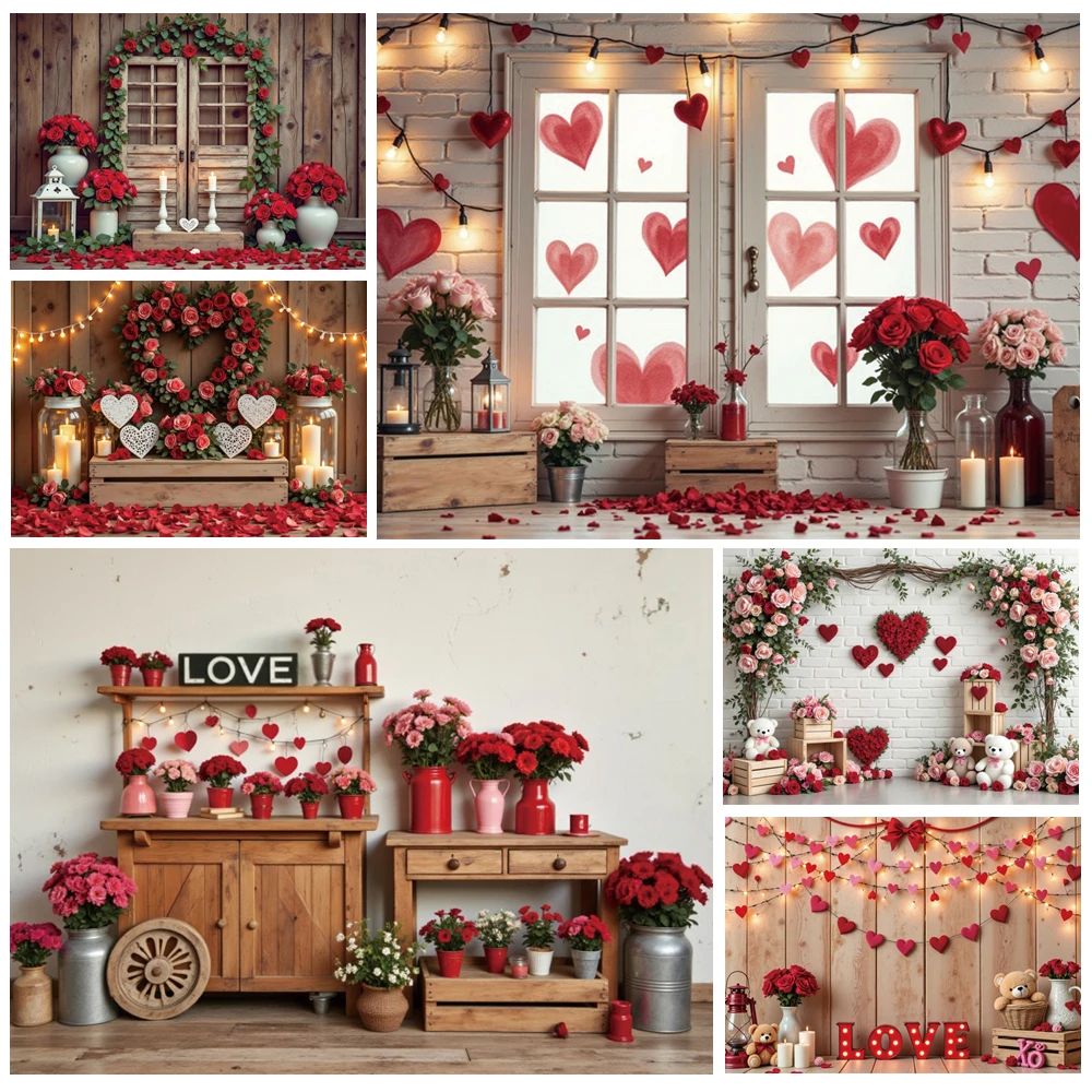 

MOON.QG Valentines Day Wooden Window Flower Rose Photography Background Backdrop Couple Photo Studio Photoshoot Accessories Wall