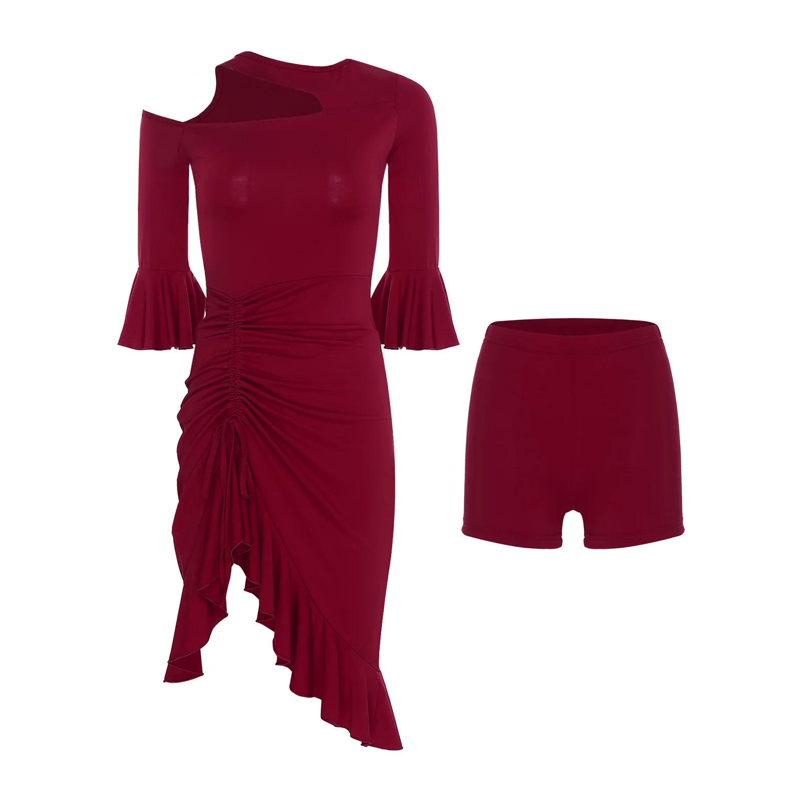 Women Elegant Latin Dance Dress with Safety Shorts Half Sleeve Ruffled Trim with Side Drawstring Dress Belly Latin Dancewear