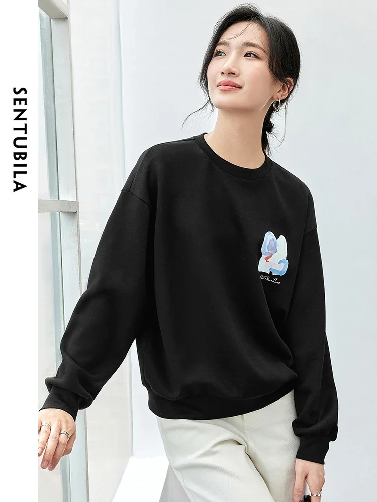 SENTUBILA Print Cotton Sweatshirt for Women 2024 Autumn Casual Loose Round Neck Long Sleeve Solid Simple Women Top 143A56700