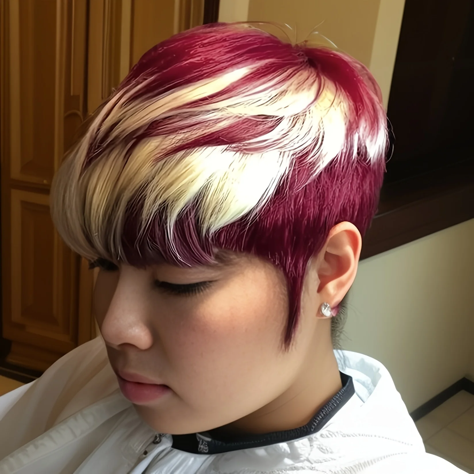 613オンブレ99J/レッドカラーピクシーカットストレート人毛ウィッグ女性用フルマシンメイドウィッグショートレイヤードストレートウィッグ（前髪付き）