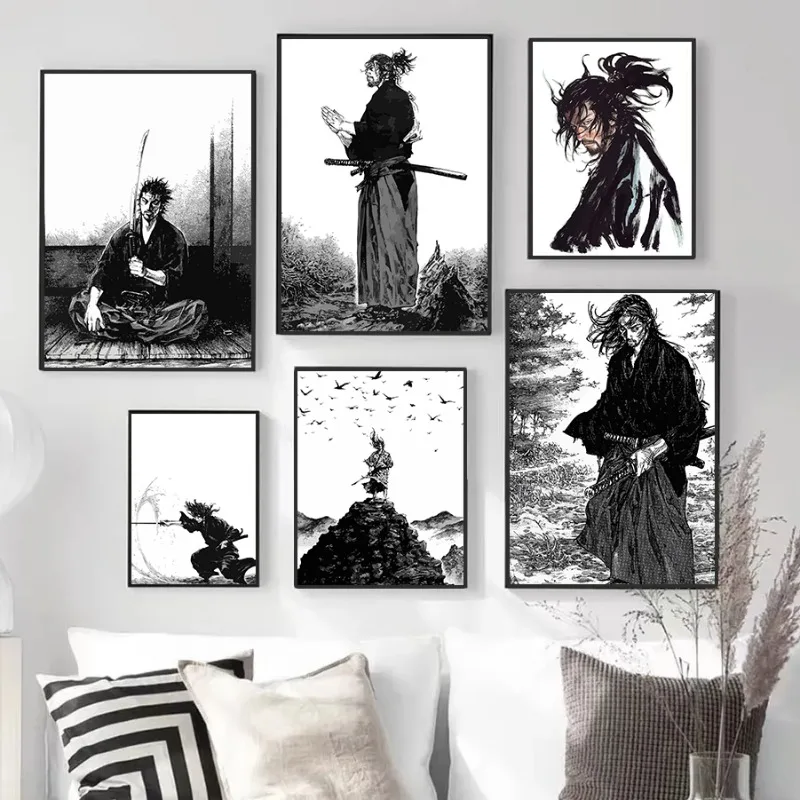 Carteles de lienzo de personaje de samurái japonés en blanco y negro Retro, Vagabond, Miyamoto, Musashi, Inoue, Takehiko, impresiones para decoración de pared del hogar