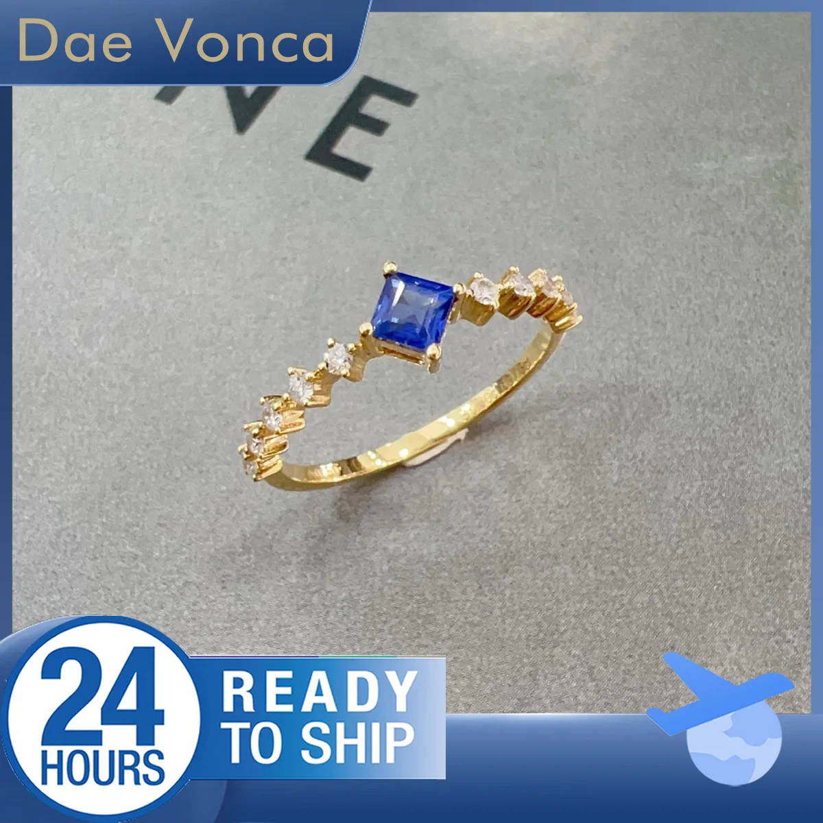 

18K Yellow Gold Center Stone Princess Cut Natural Sapphire Ring Accented By Round Spaced Diamond Ring Engagement Ring For Women