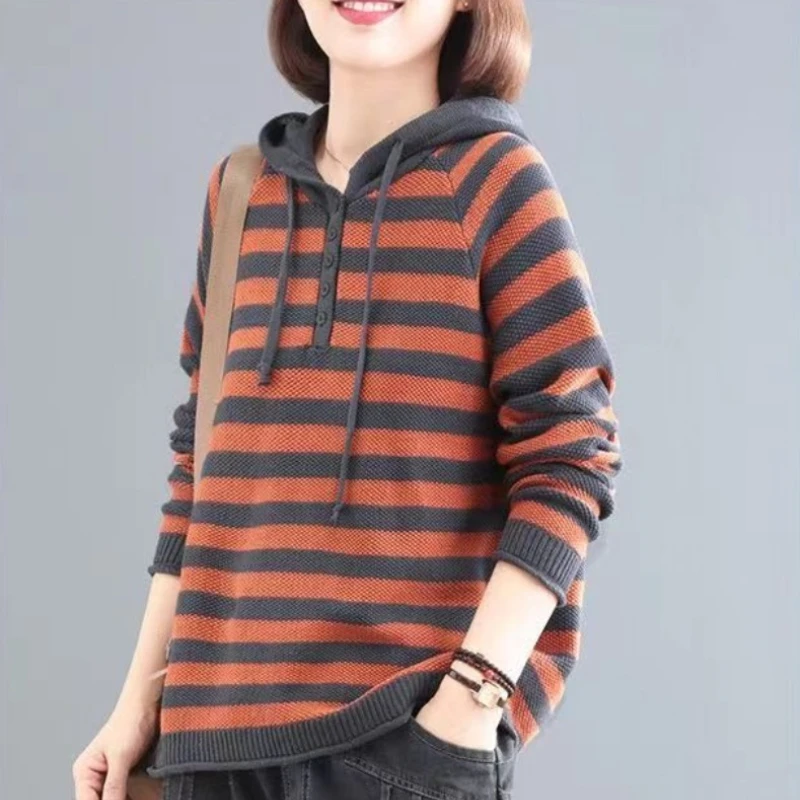 Striped Women's Hoodies Sweatshirts Knit Loose Essential Sport Long Sleeve Korean Popular Clothes Cheap Baggy Female Hooded Top