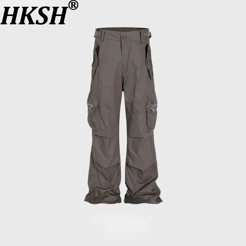 

HKSH весна осень новые мужские уличные сафари стиль с несколькими карманами плиссированные пояса с пряжкой повседневные модные женские брюки-карго в стиле панк