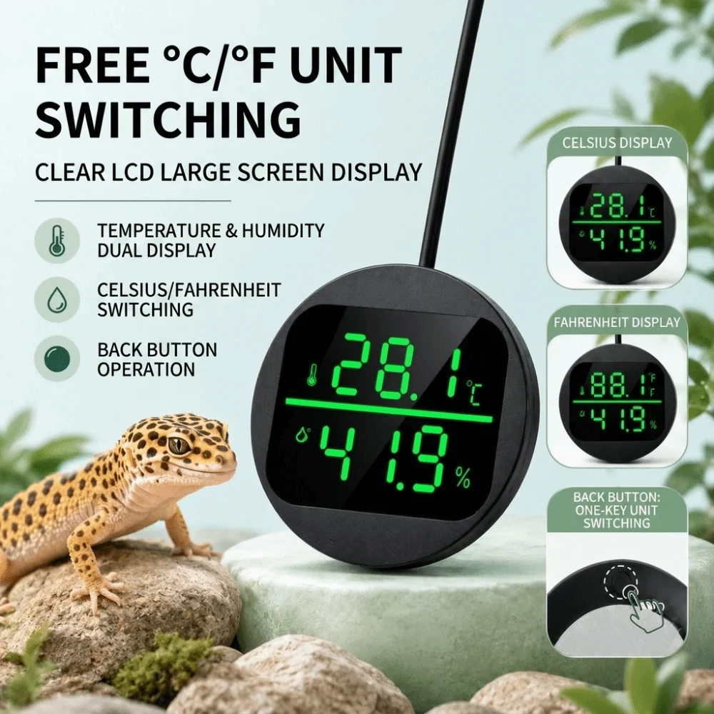 Built-in Sensing Chip Reptile Thermometer Hygrometer Compact Lightweight Body Reptile Tank Thermo-Hygrometer