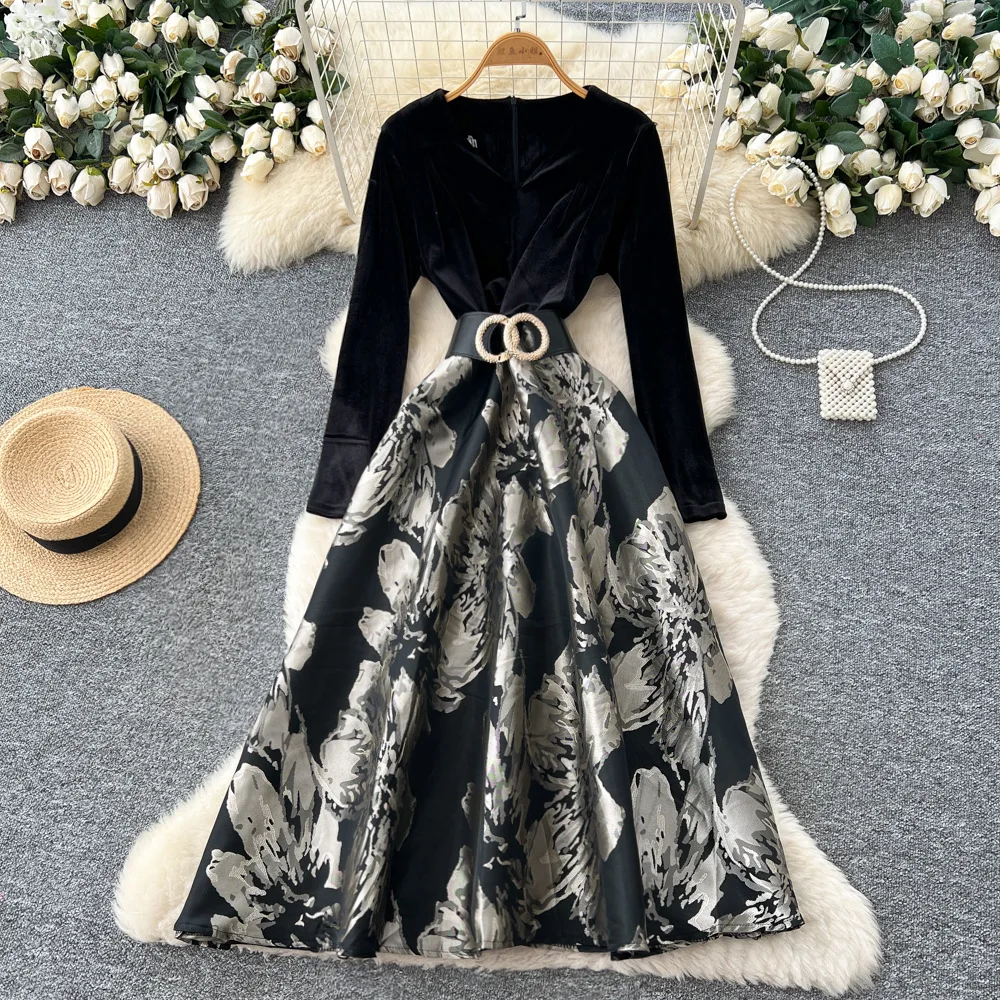 

Long Dress Women Dresses A Line Vestidos Y2k Streetwear V Neck Tight Waist Elegant Splice Party Night Work Autumn Winter