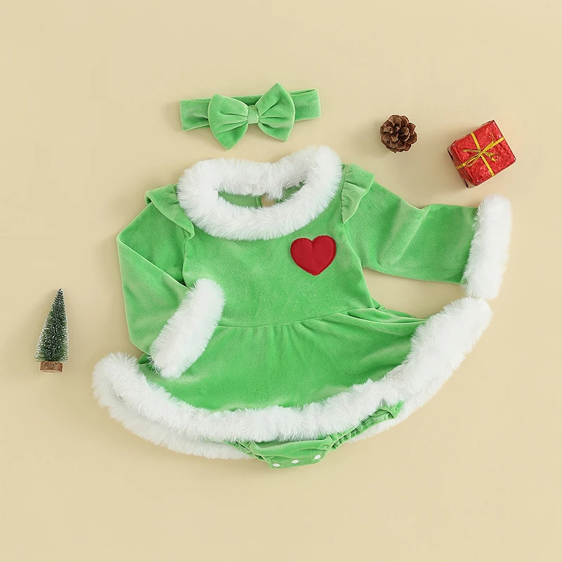 Infant Baby Girls Christmas Romper Dress Green Monster Long Sleeve Patchwork Jumpsuit Bow Headband