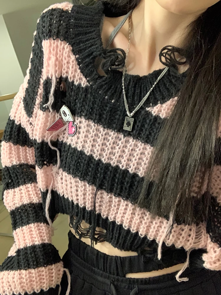 Pink Striped Gothic Sweaters Women Ripped Holes Loose Knitted Pullover Frayed Fairy Grunge Jumpers Streetwear Crop Tops Ladies