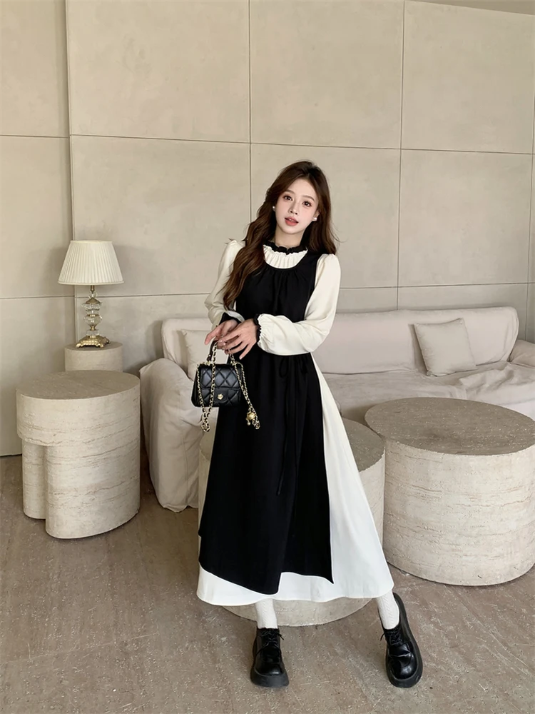 

True Two-Piece loween Bla Long Dr Women's Autumn Winter Ele High Waist Polyester Fiber Straight Tube Dr