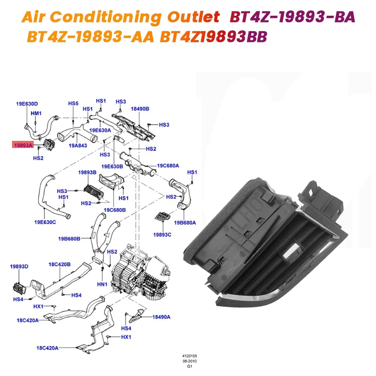 Painel de ar ventilação grelha para Ford Edge 2010-2014, saída de condicionamento, esquerda, BT4Z-19893-BA, BT4Z-19893-AA, BT4Z19893BB