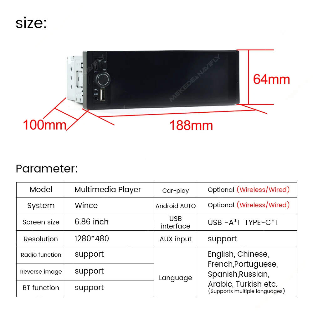 Navifly Wszystko w jednym radio samochodowe audio 1 din Pojedyncze pokrętło MP5 stereo Uniwersalny multimedialny odtwarzacz wideo Bezprzewodowy