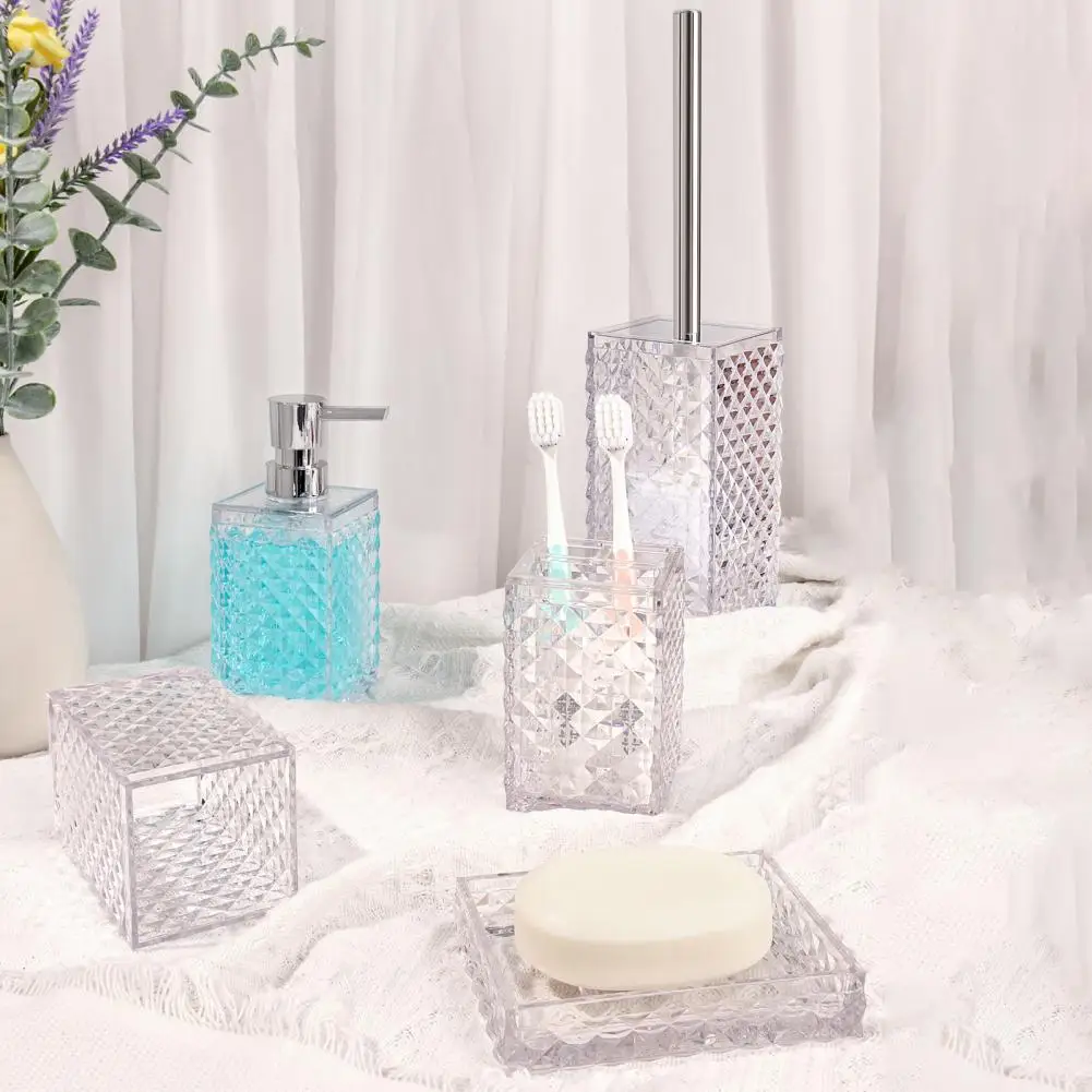 5Pcs/Set Bathroom Supplies Set Soap Dish Toothbrush Holder Mouthwash Cup Lotion Dispenser Toilet Brush Transparent Rhombus Appea