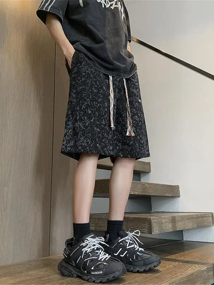 

Men's Tie Dye Embroidered orts High Street Sle Five-Quarter Length Casual Mid-Pants Straight Leg Retro American Summer