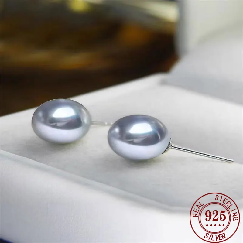 Senlissi- 18K Gold Needle Natural Freshwater White and Gray Pearl 4-12mm 925 Sterling Silver Stud Earrings for Women Jewelry