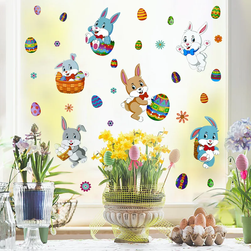 2Sheet Happy Easter Window Sticker Rabbit Egg Electrostatic Glass Sticker Spring Festival Kids DIY Wall Decals Easter Home Decor