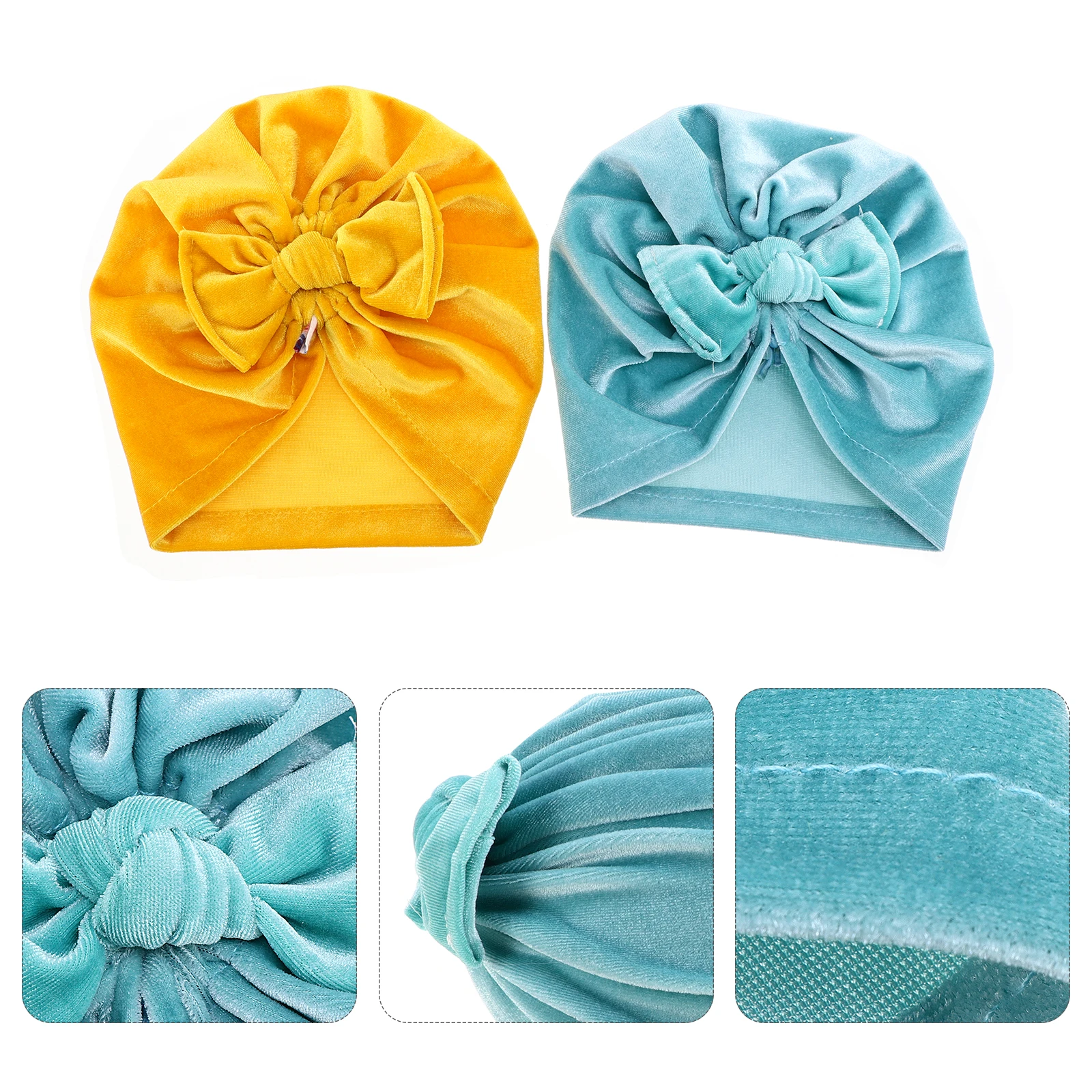 

2pcs Gold Velvet Baby Hats Durable Pleuche Bowknot Design Comfortable Newborn Turban Caps Green Infant Hair Accessories Toddler