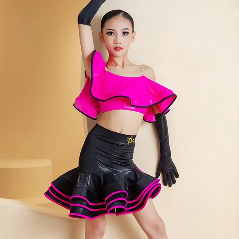 Trajes de baile latino para niñas, falda de cuero con volantes, ropa profesional de baile latino Samba Chacha, novedad de 2025