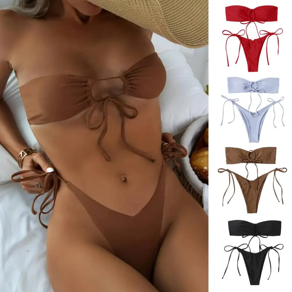 2Pcs/Set Women Sexy Bikini Set Round Ring Bandeau Tube Top Padded Bra Lace-up High Waist Briefs Set Split Design Swimwear