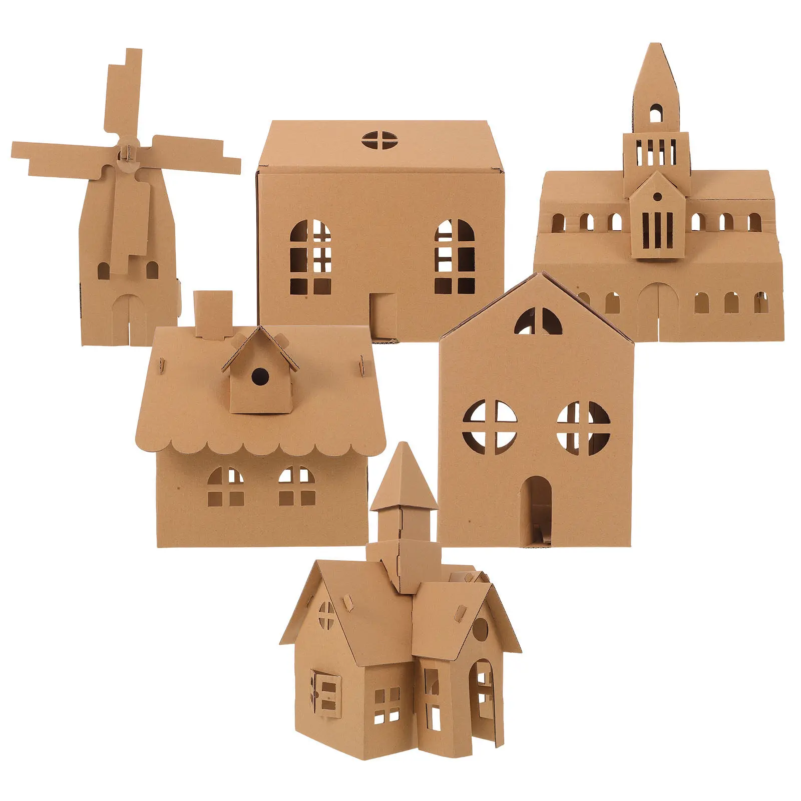 

6Pcs DIY Cardboard House Kit for Kids Unfinished Creative Paper Miniature Building Craft Coloring Playhouse Home Activity