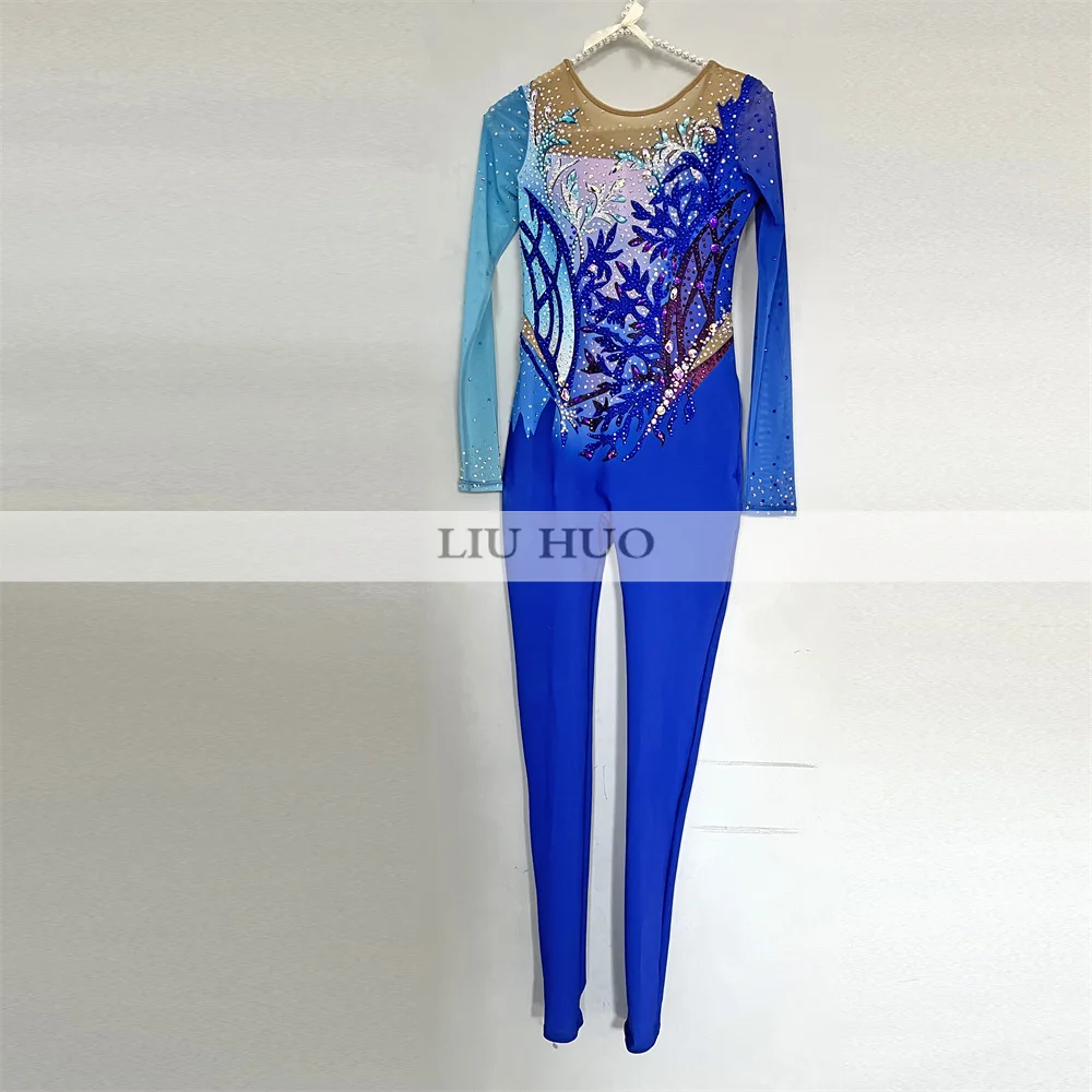 LIUHUO Rhythmic Gymnastics Leotard Customize Women Girl Costume Performance Competition Dance Dress Aerobics Jumpsuits Blue Teen