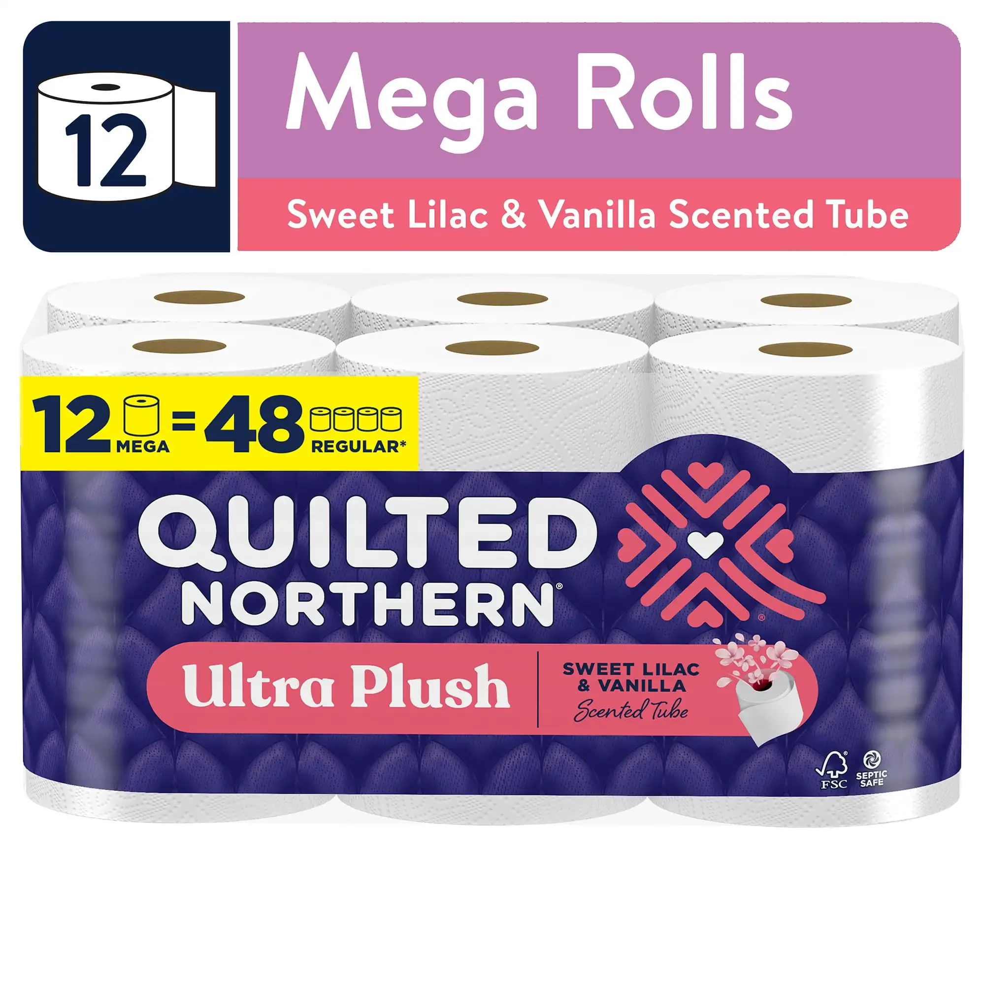 

Ultra Plush 3-Ply Toilet Paper, Sweet Lilac & Vanilla Scented Tube, 12 Mega Rolls