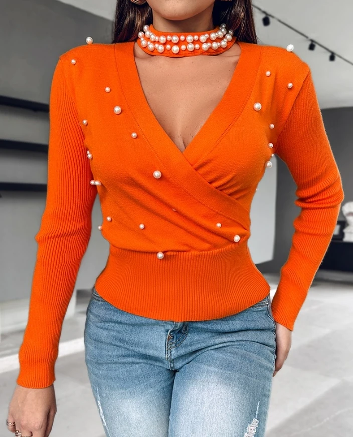 Women's Sweater Pullover Casual Autumn and Winter Solid Color Pearls Decor Choker Neck Wrap Cross Long Sleeve Knit Sweater Top