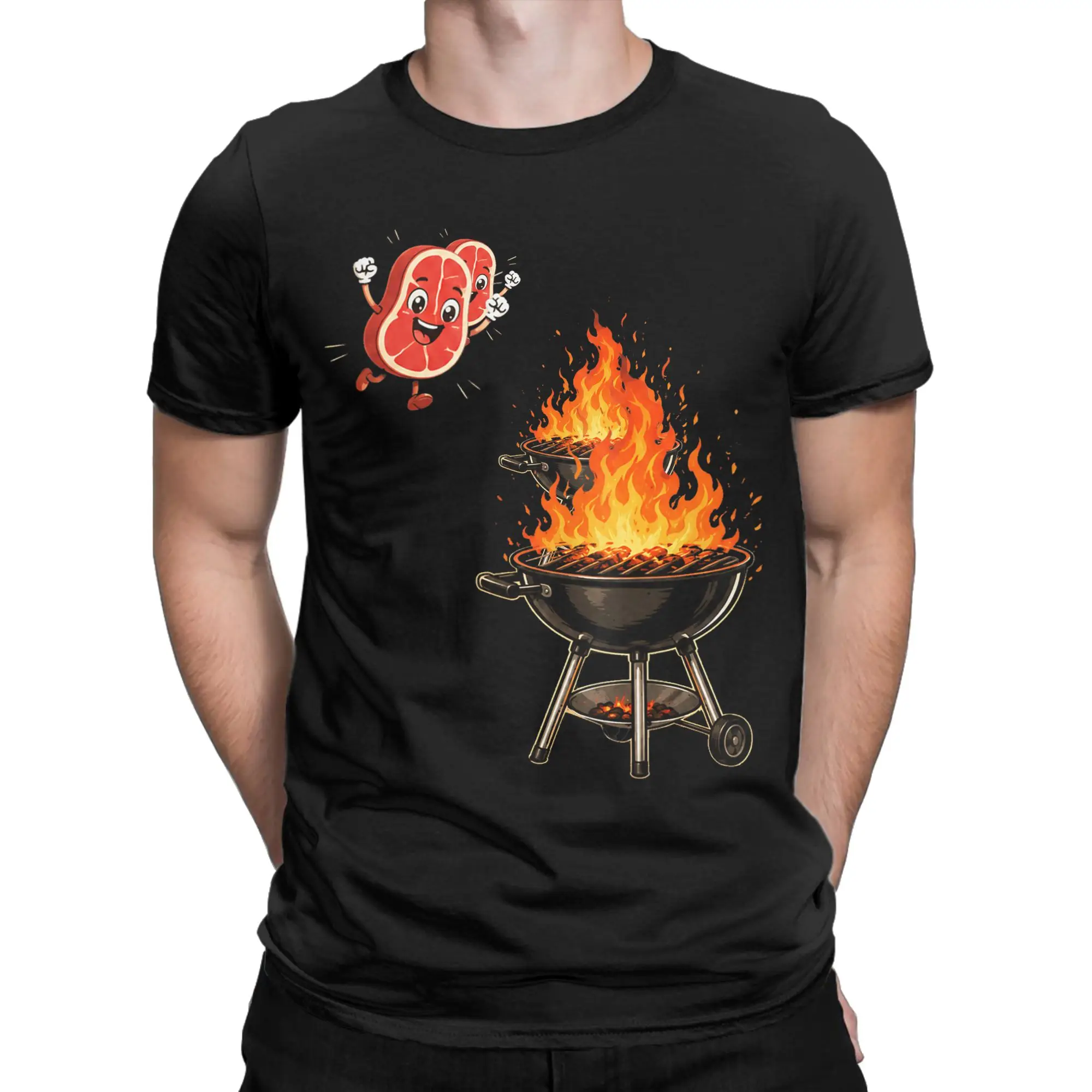 Men's T-Shirts BBQ Steak Meme Cute Meat Jumping Into Grill  Cotton Tees Short Sleeve  T Shirts Crewneck Clothes Birthday Present