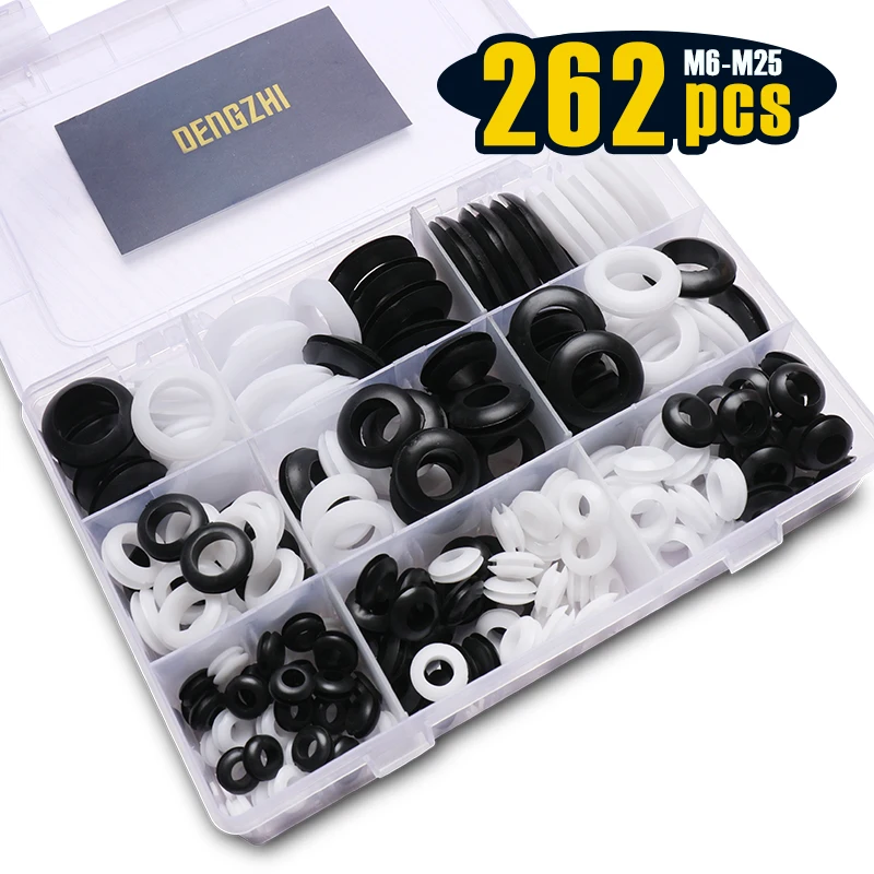

262 Pcs Black/White Round Rubber Grommet Assortment Kit Electrical Wiring Coil Gasket for Plugs Cables Wires