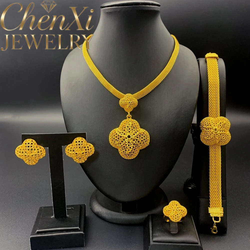 High-End Luxury Alluvial Gold Elegant Fashion Popular Jewelry Set Women Wedding Party Banquet Necklace Earrings Ring 4pcs Gift