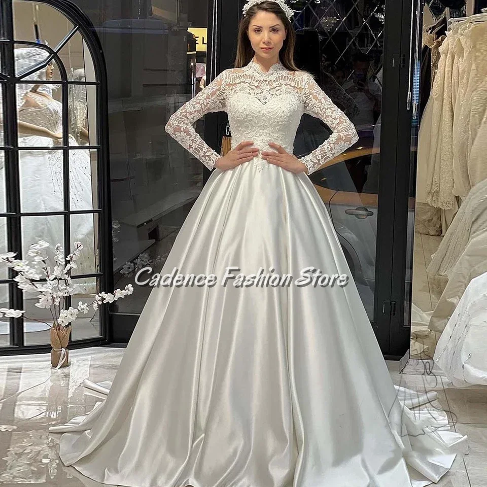 Белое атласное лоскутное элегантное свадебное платье по индивидуальному заказу, кружевное лоскутное платье с высоким воротом и длинными рукавами, трапеция и пол, мусульманское арабское свадебное платье