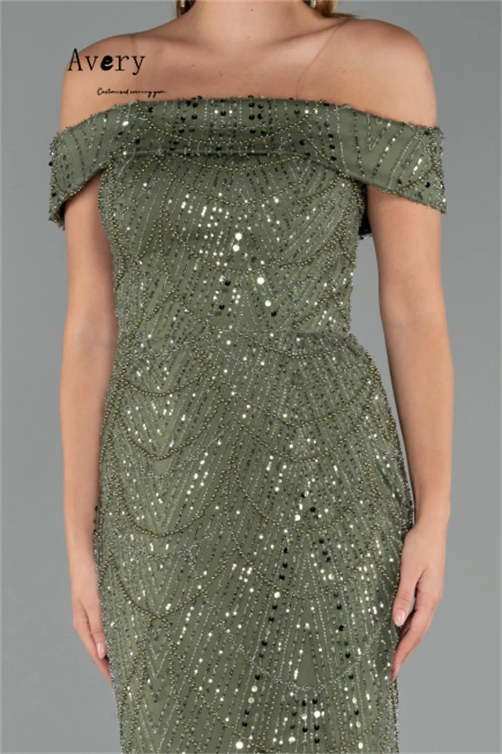 Avery personnalisé queue de poisson vert perlé épaules dénudées longue élégante femme robe de soirée robes de soirée dames invité de mariage femmes