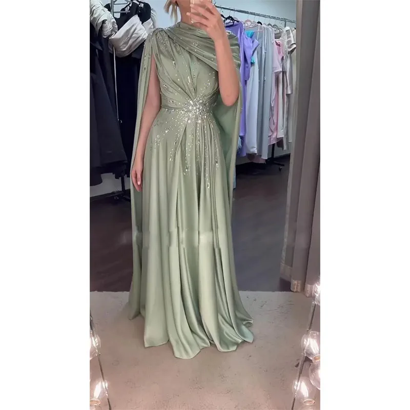 Vestidos de noite com capa, Verde-oliva, Vestido de baile, Plissado frisado de cristal, Longo, Arábia Saudita, Dubai, Formal Wears